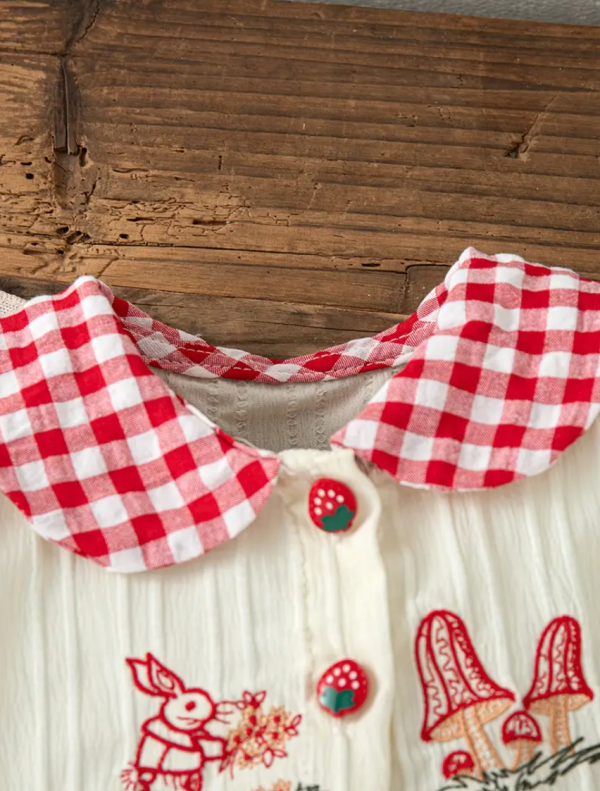 Summer Cute Comfortable Cream Colour Mushroom Cartoon Embroidered Plaid Doll Collar Dress - Image 4
