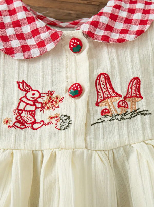 Summer Cute Comfortable Cream Colour Mushroom Cartoon Embroidered Plaid Doll Collar Dress - Image 2