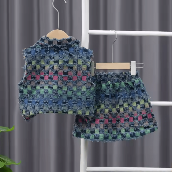 Modern Cute Baby Girl Turn Down Collar Colorful Plaid Pattern Vest a Line Skirt - Image 2