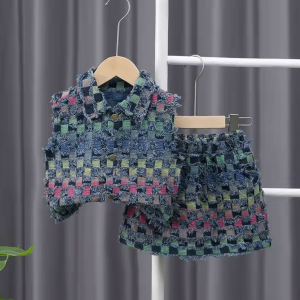 Modern Cute Baby Girl Turn Down Collar Colorful Plaid Pattern Vest a Line Skirt