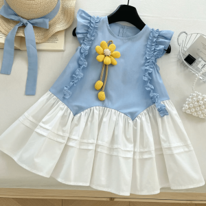 Cute Summer Baby Girl Sky Blue White Floral Baby Girl Dress With Hat