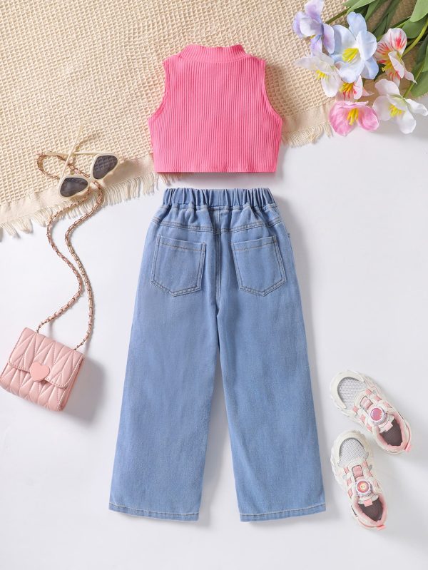 Cute Summer Pink Crop Top And Denim Pant Design - Image 2