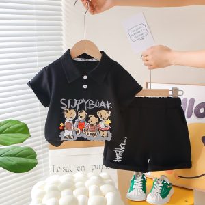 Cartoon Anfd Letter Print Full Black T Shirt Pant Set