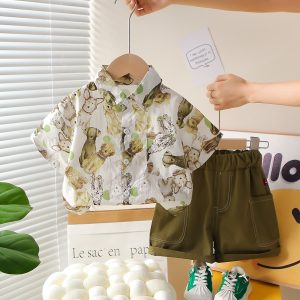 Dog Printed Light Green Whiet Shirt And Brown Green Pant Design