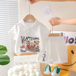 Cartoon And Letter Print Full White T Shirt Pant Set