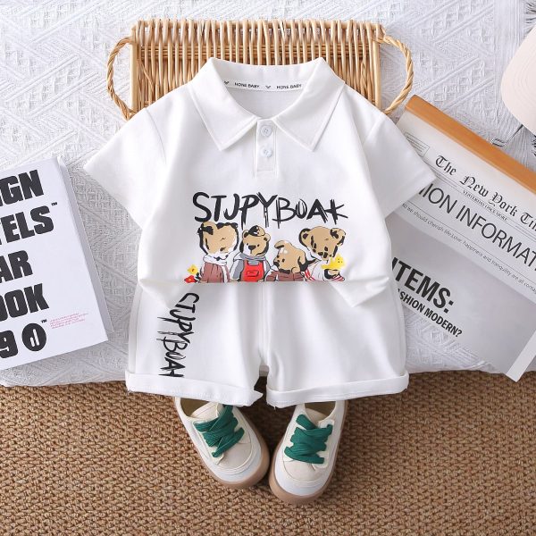 Cartoon And Letter Print Full White T Shirt Pant Set - Image 2