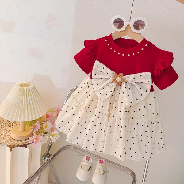 Red And Cream Little Princess Girl Dress With Cute Bear Bow