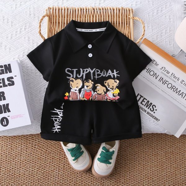 Cartoon Anfd Letter Print Full Black T Shirt Pant Set - Image 2
