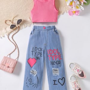 Cute Summer Pink Crop Top And Denim Pant Design