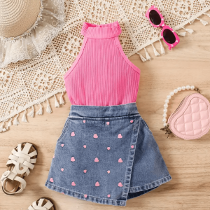 Summer Sleeveless Modern Pink Top And Denim Skirt Pant Design