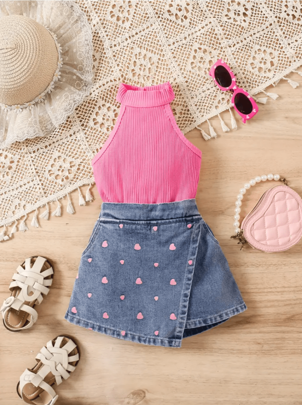 Summer Sleeveless Modern Pink Top And Denim Skirt Pant Design