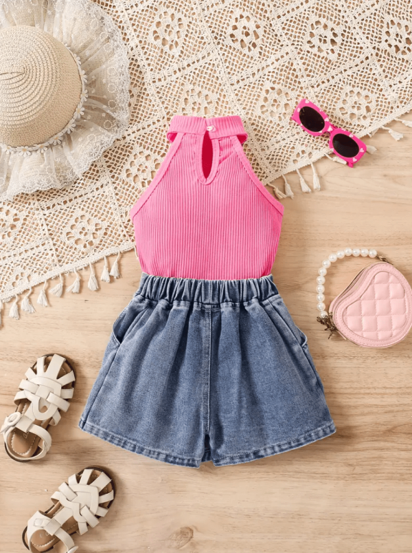 Summer Sleeveless Modern Pink Top And Denim Skirt Pant Design - Image 5