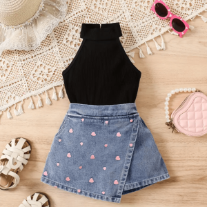 Summer Sleeveless Modern Black Top And Denim Skirt Pant Design