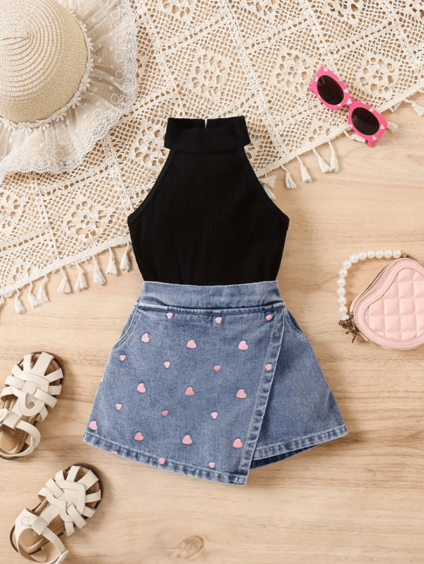 Summer Sleeveless Modern Black Top And Denim Skirt Pant Design
