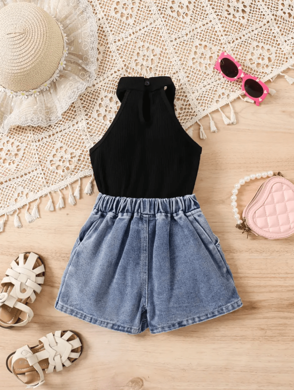 Summer Sleeveless Modern Black Top And Denim Skirt Pant Design - Image 2