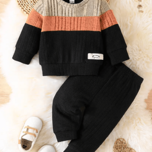 Spring and Autumn Fashion Striped Long-Sleeve Top Black T Shirt And Long Pant