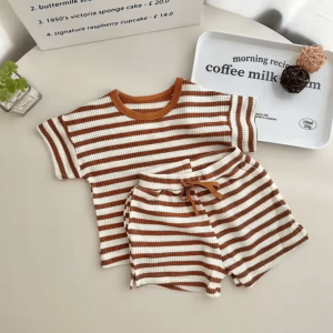 Summer Children 2pcs T-Shirt and Shorts Brown White Stripe