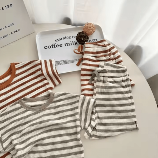 Summer Children 2pcs T-Shirt and Shorts Ash White Stripe - Image 3
