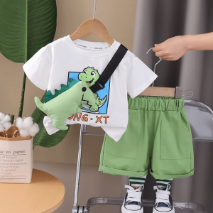 Dino Printed White t Shirt With Green Pant With Side Ornement
