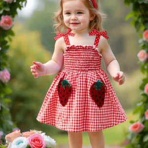Cute Strawberry Plaid Patttern Sleeveless Baby Dress