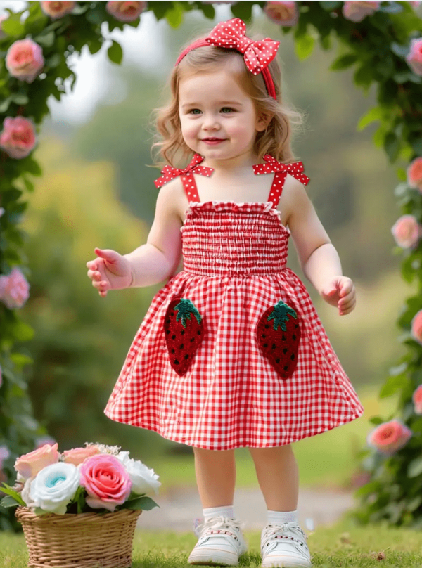 Cute Strawberry Plaid Patttern Sleeveless Baby Dress