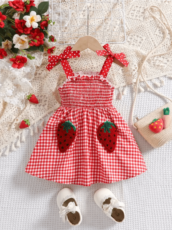 Cute Strawberry Plaid Patttern Sleeveless Baby Dress - Image 2