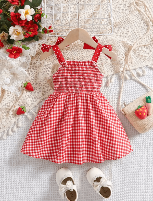 Cute Strawberry Plaid Patttern Sleeveless Baby Dress - Image 3