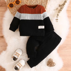 Spring and Autumn Fashion Striped Long-Sleeve Top Black T Shirt And Long Pant