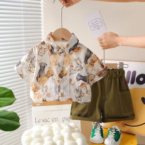 Dog Printed Cream Brown Shirt And Beige Brown Pant Design