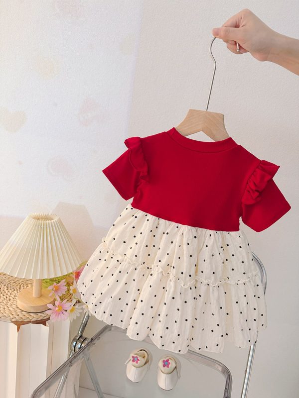 Red And Cream Little Princess Girl Dress With Cute Bear Bow - Image 2
