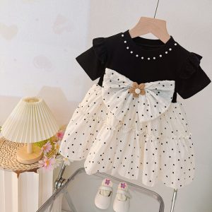 Black And Cream Little Princess Girl Dress With Cute Bear Bow