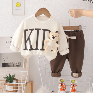 Kids Bear Beige Cream Long Sleeve T Shirt And Brown Pant