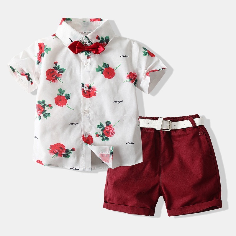 Red Flower Printed Shirt Pant Party Wear With Belt - The Kids Boutique