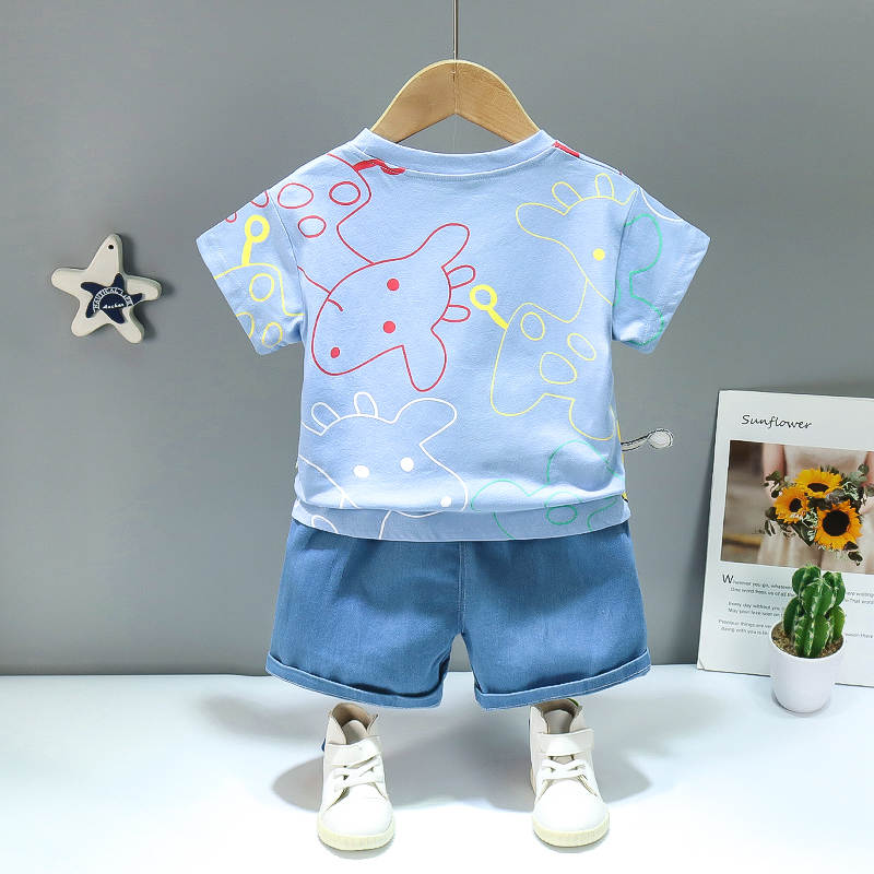 Baby Boy Giraffe Printed Blue T Shirt Shorts | The Kids Boutique
