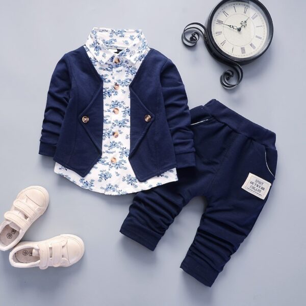 Baby Boy Party Wear Long Sleeve Blue Flower Jacket Pant with Bow