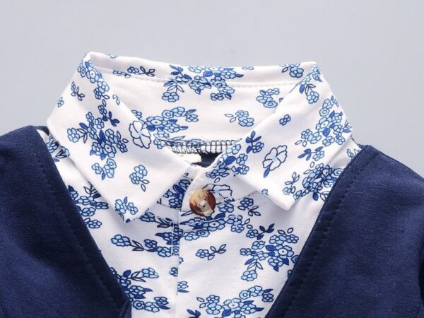 Baby Boy Party Wear Long Sleeve Blue Flower Jacket Pant with Bow - Image 3