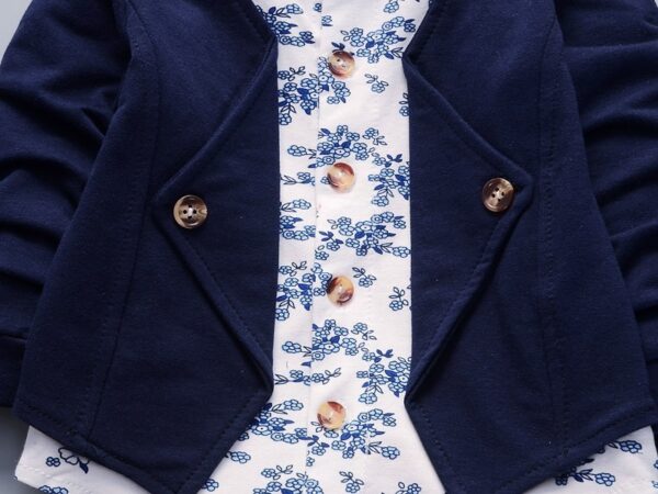 Baby Boy Party Wear Long Sleeve Blue Flower Jacket Pant with Bow - Image 6