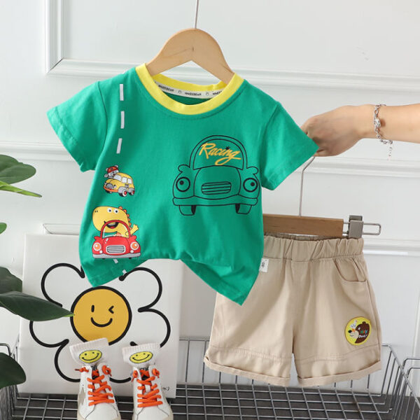 Baby Boy Car Printed Green T Shirt Shorts