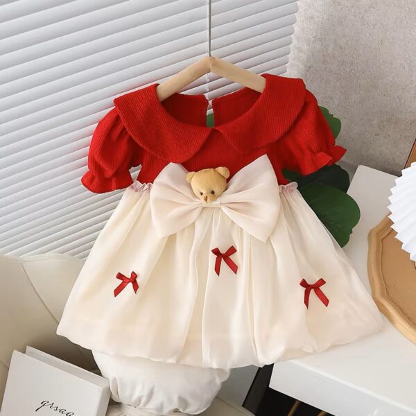 Red And Cream Little Princess Girl Dress With Cute Bear Bow