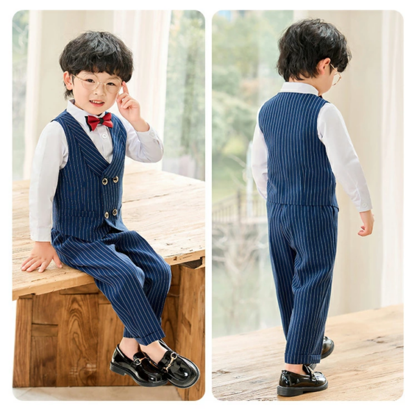 5PCs Smart Gentlemen Dark Blue And White Full Suit Party Wear - Image 4