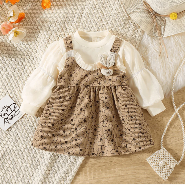 White Long Sleeve Light Brown Flower Print Dress