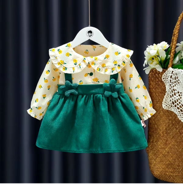 Floral Pattern Green Corduroy Princess Baby Dress