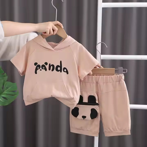 Panda Print Hooded Beige T Shirt And Pant