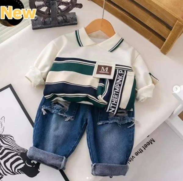 Baby Boy Long Sleeve Green White T shirt With Denim  Long Pant