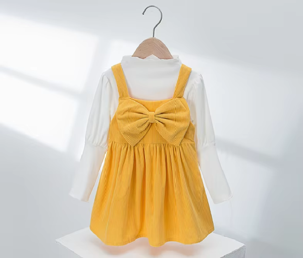 Baby Girl Long Sleeve White T Shirt With Yellow Corduroy Dress