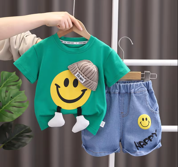 Smiley Face Printed Green T Shirt With Attached Knitted Hat And Short Design