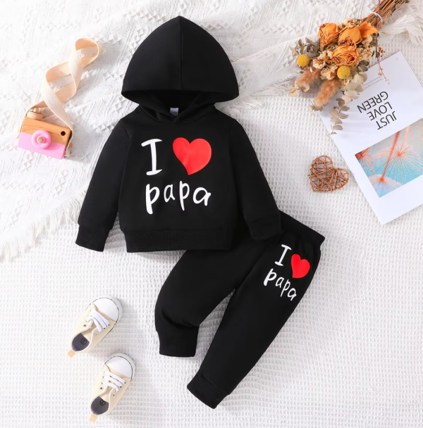 Baby Boy Hooded I LOVE PAPA Printed BlackT Shirt Pant Set