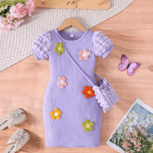 Purple Ruffle Short Sleeve Baby Girl Embroidery Frock With Bag