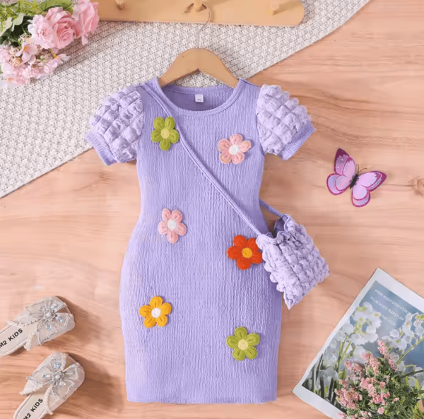 Purple Ruffle Short Sleeve Baby Girl Embroidery Frock With Bag