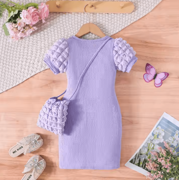 Purple Ruffle Short Sleeve Baby Girl Embroidery Frock With Bag - Image 2